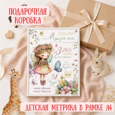 ASGM фоторамка Метрика ребенка в рамке А4 Детская метрика новорожденного с именем Подарок новорожденному Для девочки