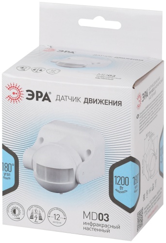 ЭРА датчики движения Датчик движения ЭРА MD 03 настенный инфракрасный 1200 Вт угол 180 градусов IP44, черный черный 1 шт