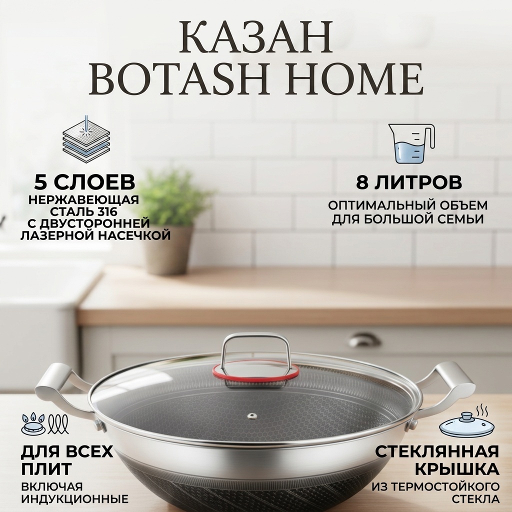 Казан BOTASH HOME 8 л, нержавеющая сталь