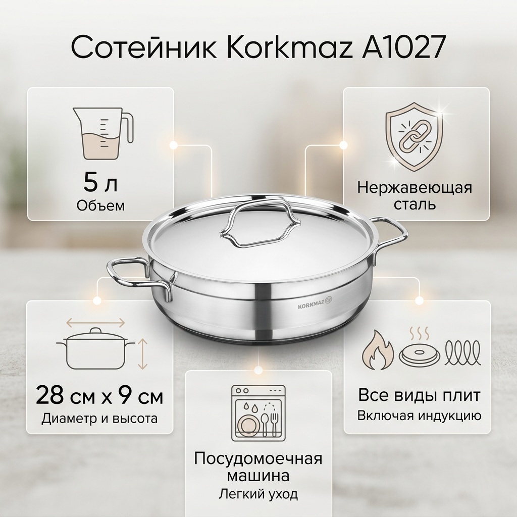Сотейник 5 л, Korkmaz A1027 нержавеющая сталь
