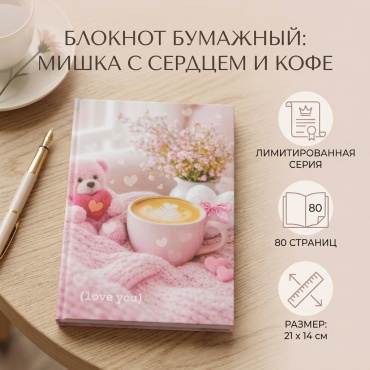 Блокнот BookLand Мишка с сердцем и кофе. Лимитированная версия. , A5, 80 л, мультиколор