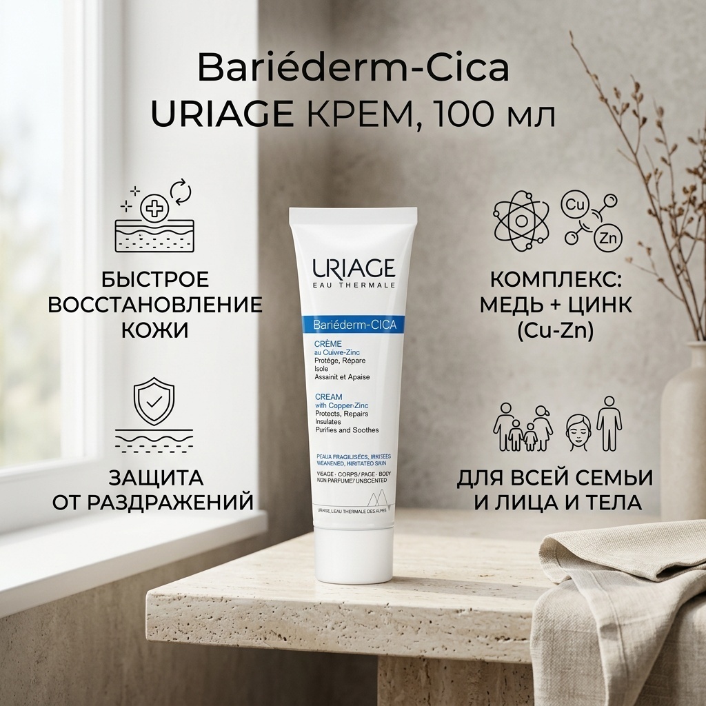 URIAGE крем Bariederm-Cica, крем с медью и цинком, без запаха, 100 мл для лица 100 мл