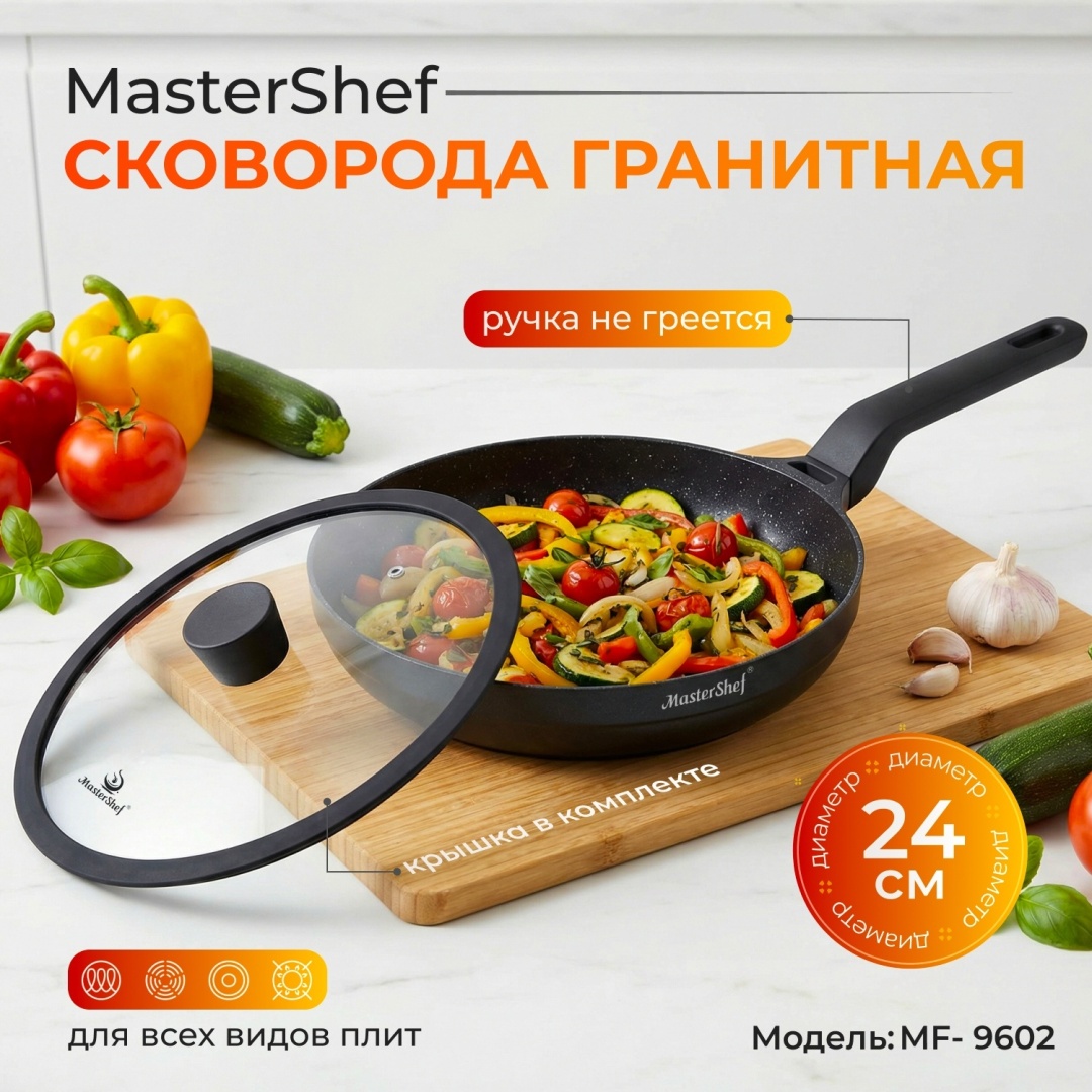 Сковорода MasterShef MF-9602 24 см с антипригарным покрытием, алюминий