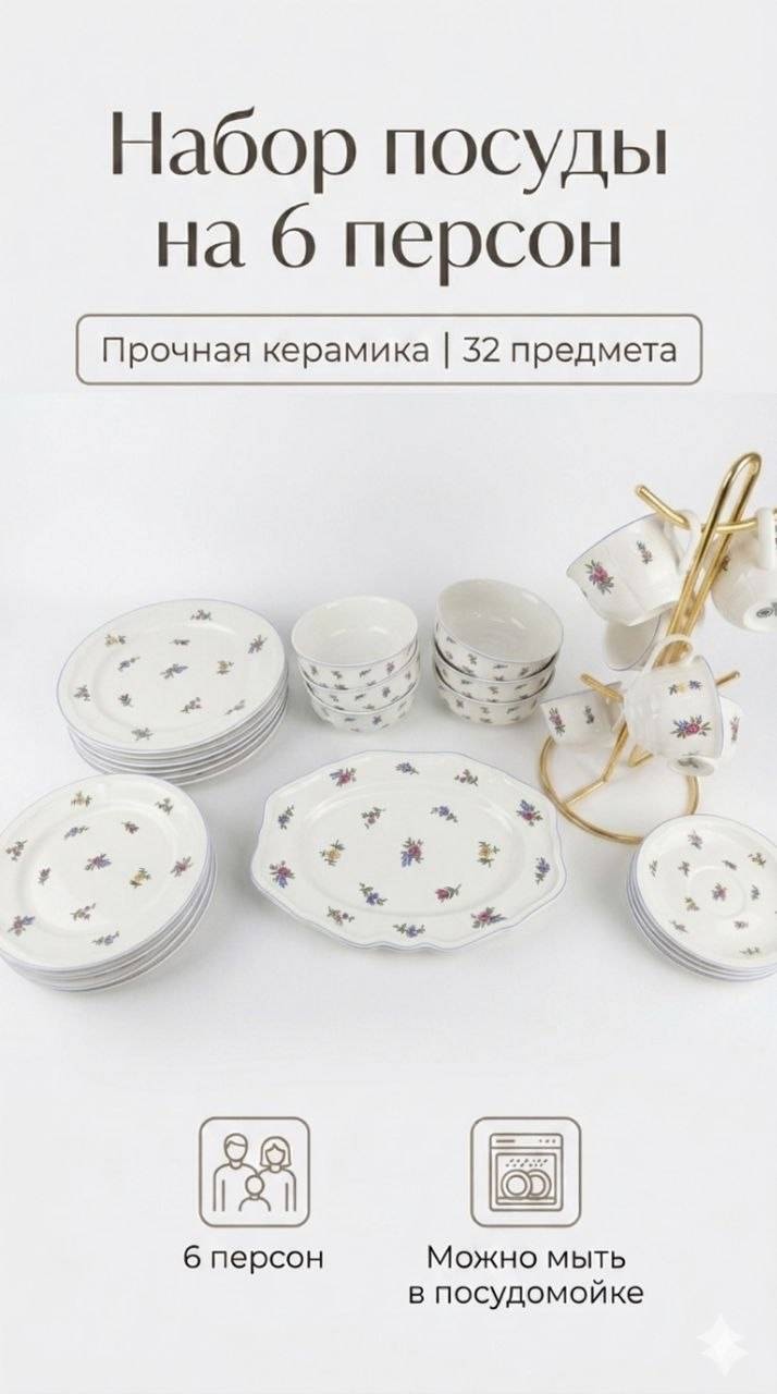 Сервиз на 6 персон MAVELLE Цветочный принт, предметов: 32, столовый, керамика
