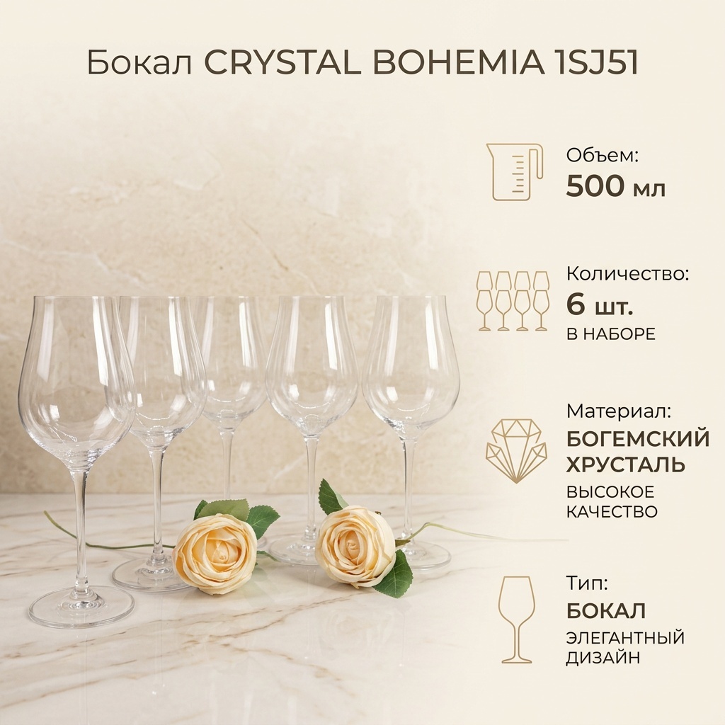 Бокал Crystalite Bohemia 500 мл, стекло, хрусталь, 6 шт