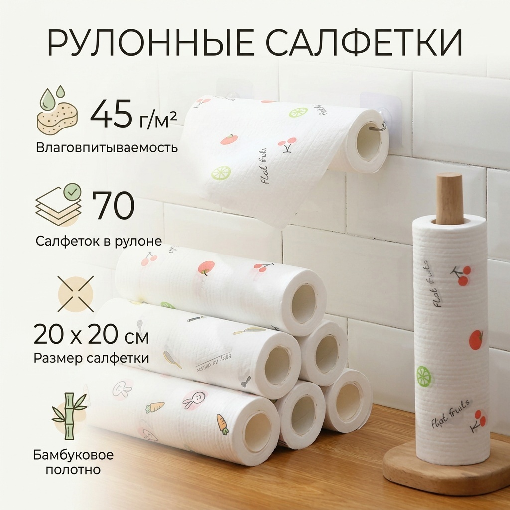 Тряпка Рулонные салфетки 70 шт, нетканое полотно, бамбук