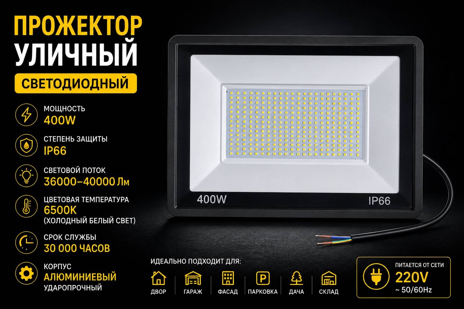 Прожектор на кронштейне MIKROL 400 Вт, холодный белый