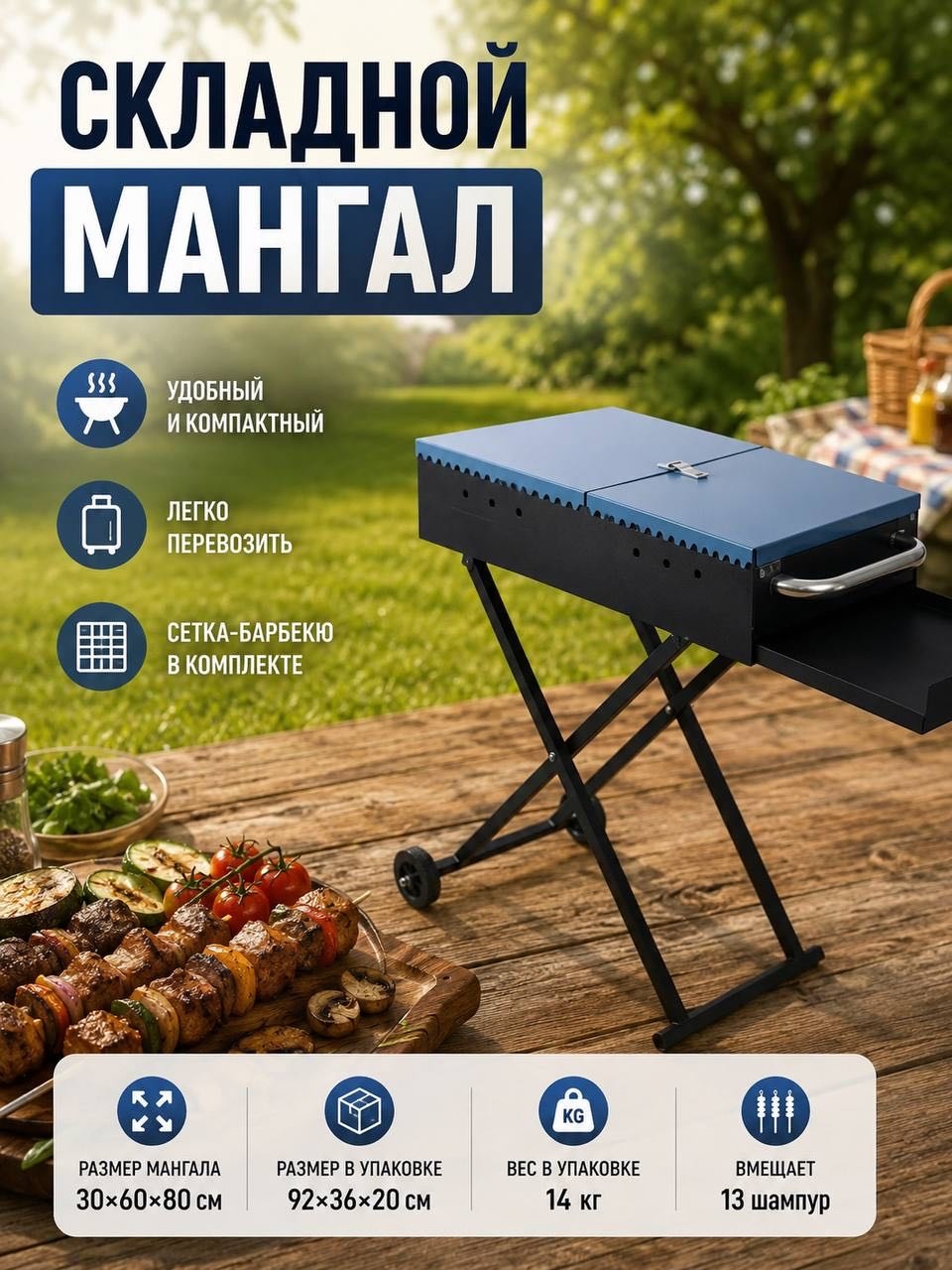 Мангал складной 30x60x80 см, сталь