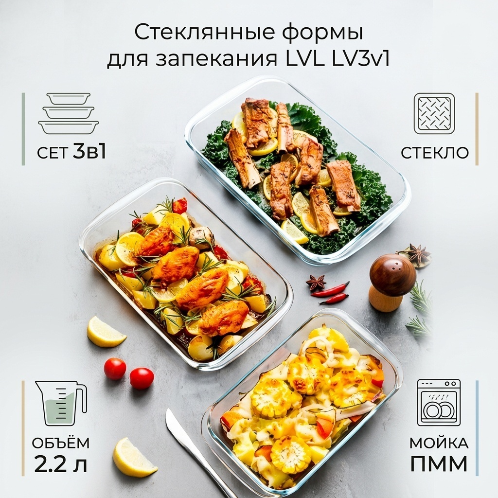 Противень для выпечки, для запекания, для пиццы, для хлеба, для гриля, для яичницы LVL стекло, 3 шт