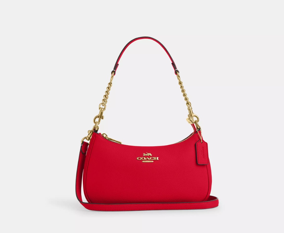Сумка багет Coach натуральная кожа красный