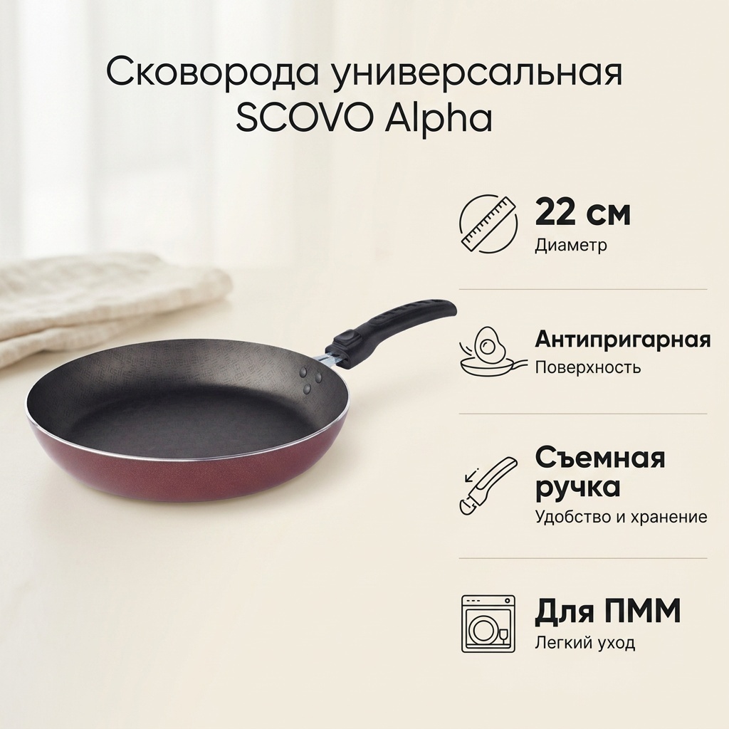 Сковорода SCOVO Alpha 22 см с антипригарным покрытием, алюминий