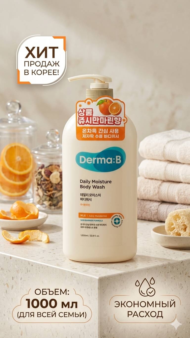 Derma-B Увлажняющий гель для душа Derma:B Daily Moisture Body Wash (Сочный мандарин), гель 1000 мл