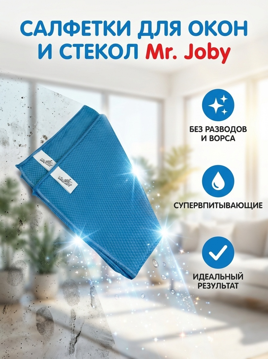 Тряпка для зеркал и стекол Mr.Joby HM0220 2 шт, микрофибра