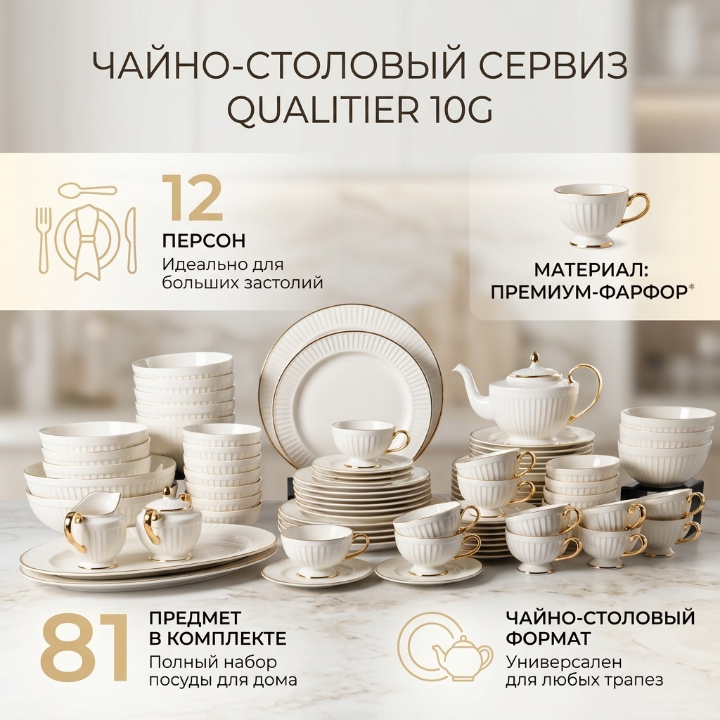 Сервиз на 12 персон Посуда в дом золотые элементы, предметов: 81, чайно-столовый, фарфор