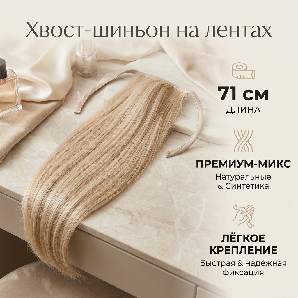 Шиньон на ленте, на заколке блонд женский 71 см