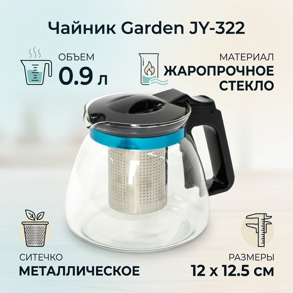 Чайник Garden JY-322 0.9 л, пластик, жаропрочное стекло