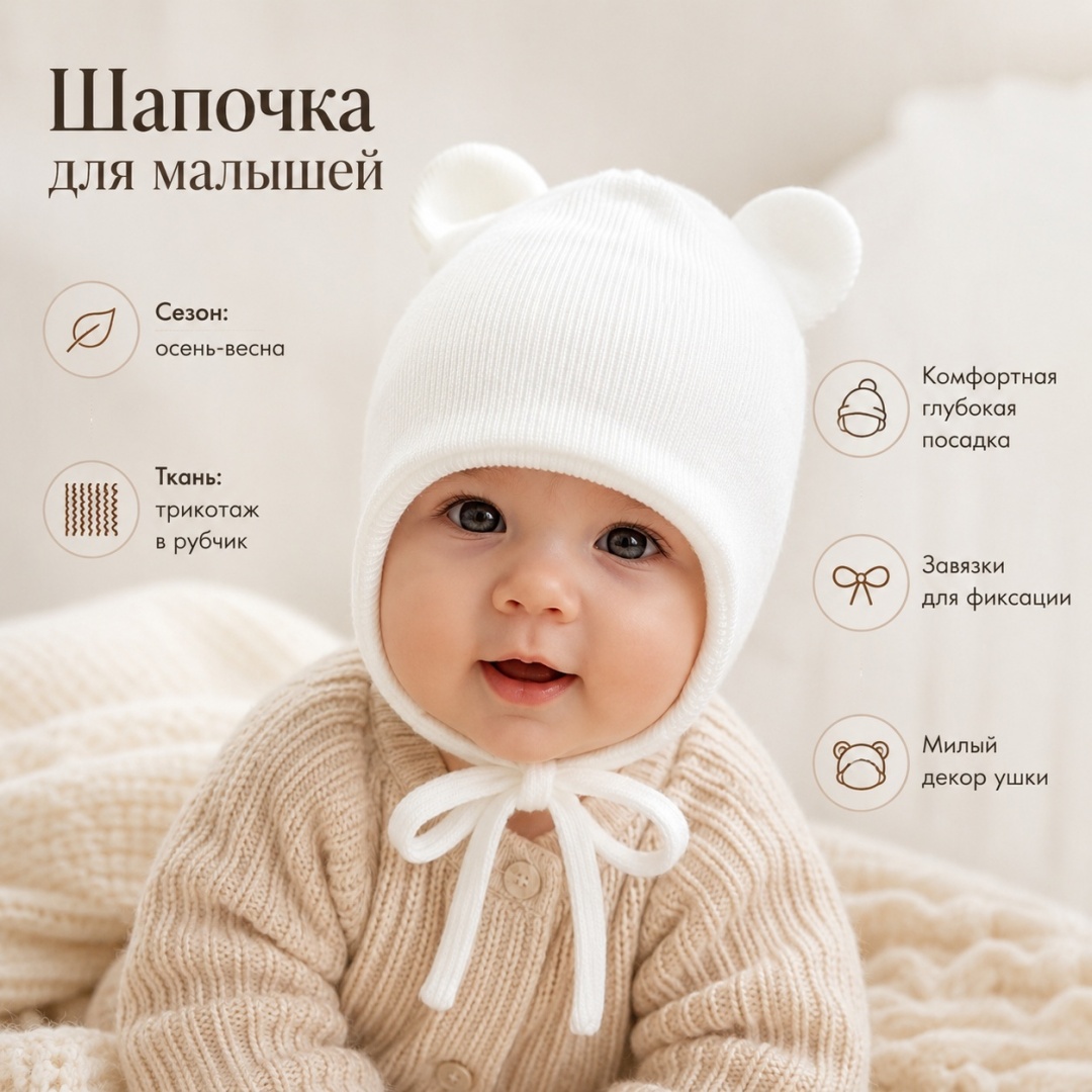 Шапка трикотажная12 белый 45, 50