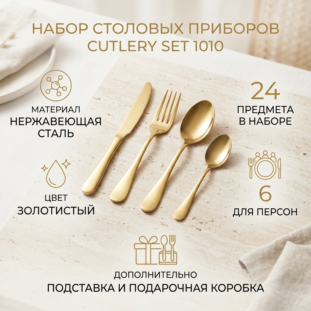 Набор столовых приборов 24 шт, золотистый Cutlery Set 1010