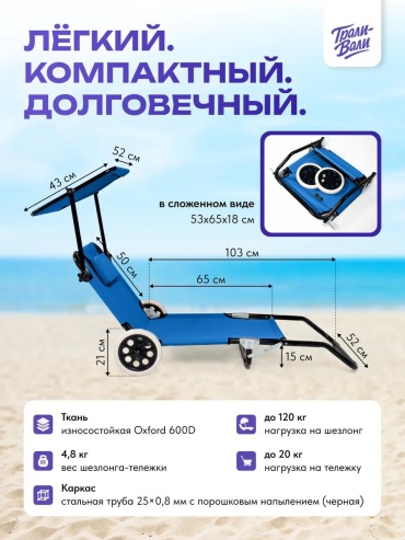 Шезлонг складной с колёсами для дачи и пляжа, Синий