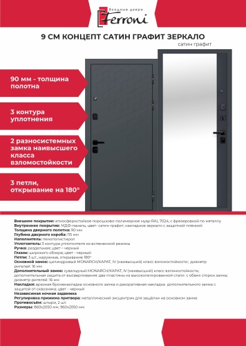 Ferroni 9 СМ КОНЦЕПТ САТИН ГРАФИТ ЗЕРКАЛО 2000x900, сталь, левая