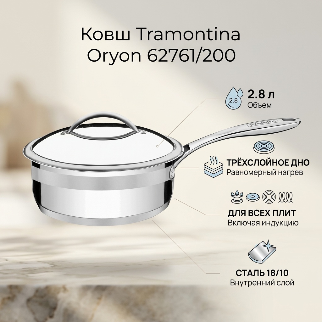 Ковш 2.8 л, Tramontina Oryon 62761/200 сталь