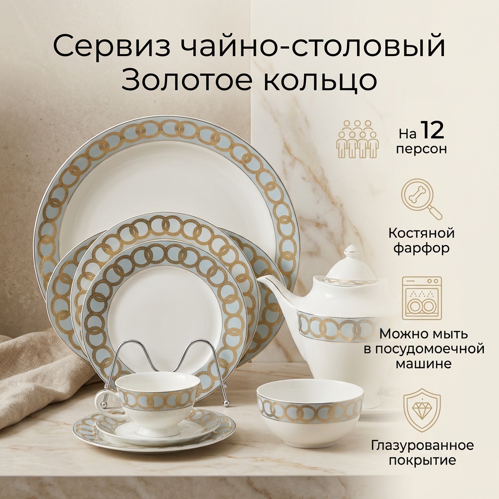 Сервиз на 12 персон Золотое кольцо, предметов: 101, чайно-столовый, костяной фарфор