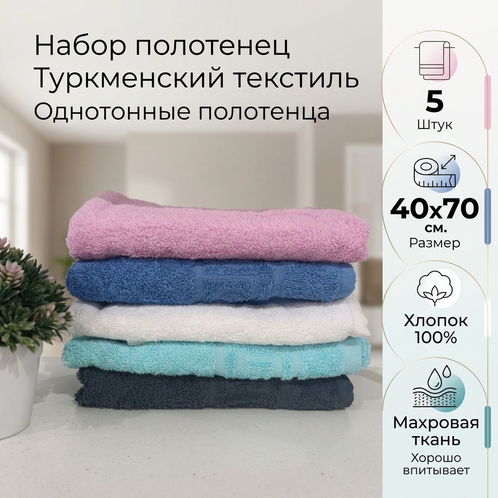 Набор полотенец Туркменский текстиль 70x40 см, хлопок, махровая ткань, 5 шт,