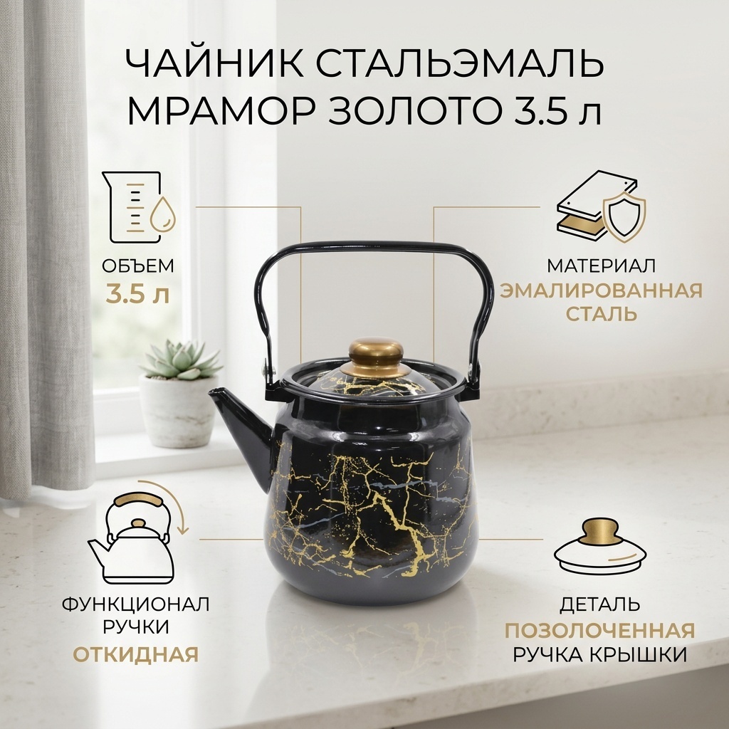 СтальЭмаль чайник Мрамор золото 1с26я 3.5 л, сталь