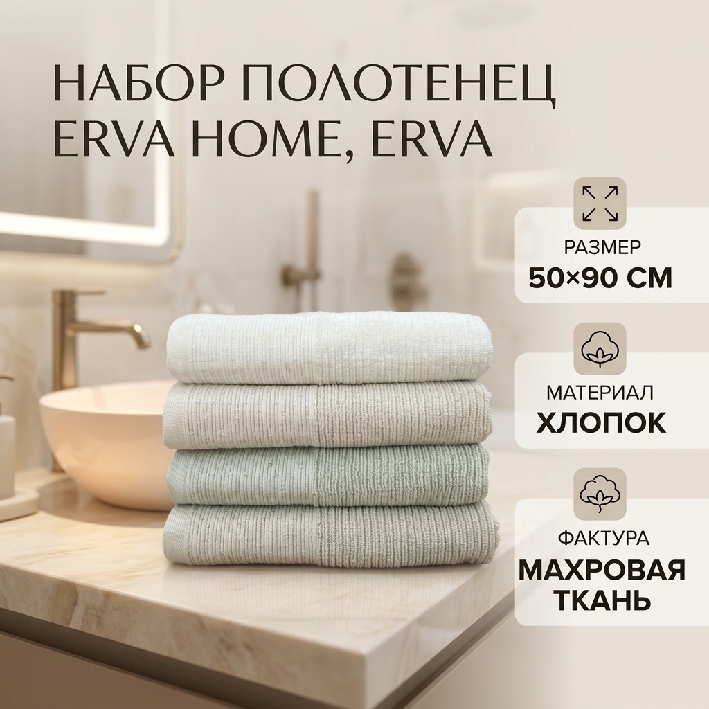Набор полотенец ERVA HOME 90x50 см, хлопок, махровая ткань, 4 шт,