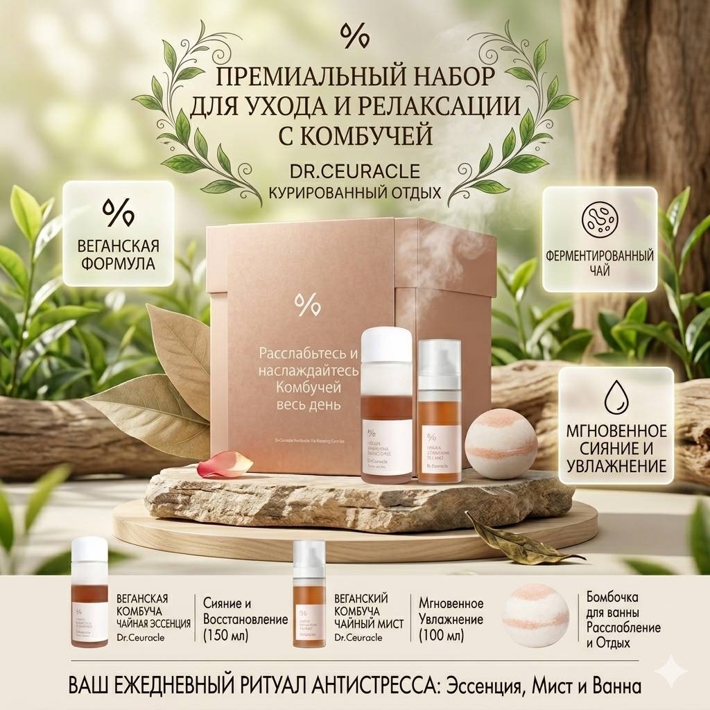 Dr.Ceuracle Dr.Ceuracle Vegan Kombucha Tea — Ритуал сияния и антистресс-ухода набор по уходу за лицом и телом унисекс
