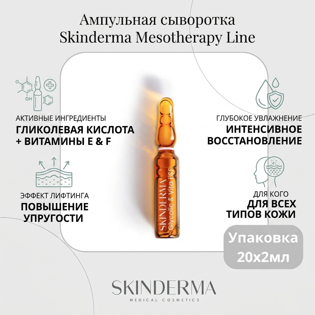 Skinderma ампульная сыворотка Мesotherapy Line с гликолевой кислотой и с витаминами Е и F для лица 20 шт по 2 мл