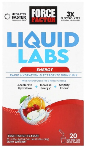 Посттренировочный комплекс Force Factor Liquid Labs, Energy, фруктовый пунш, 20 пакетиков по 8 г фруктовый пунш