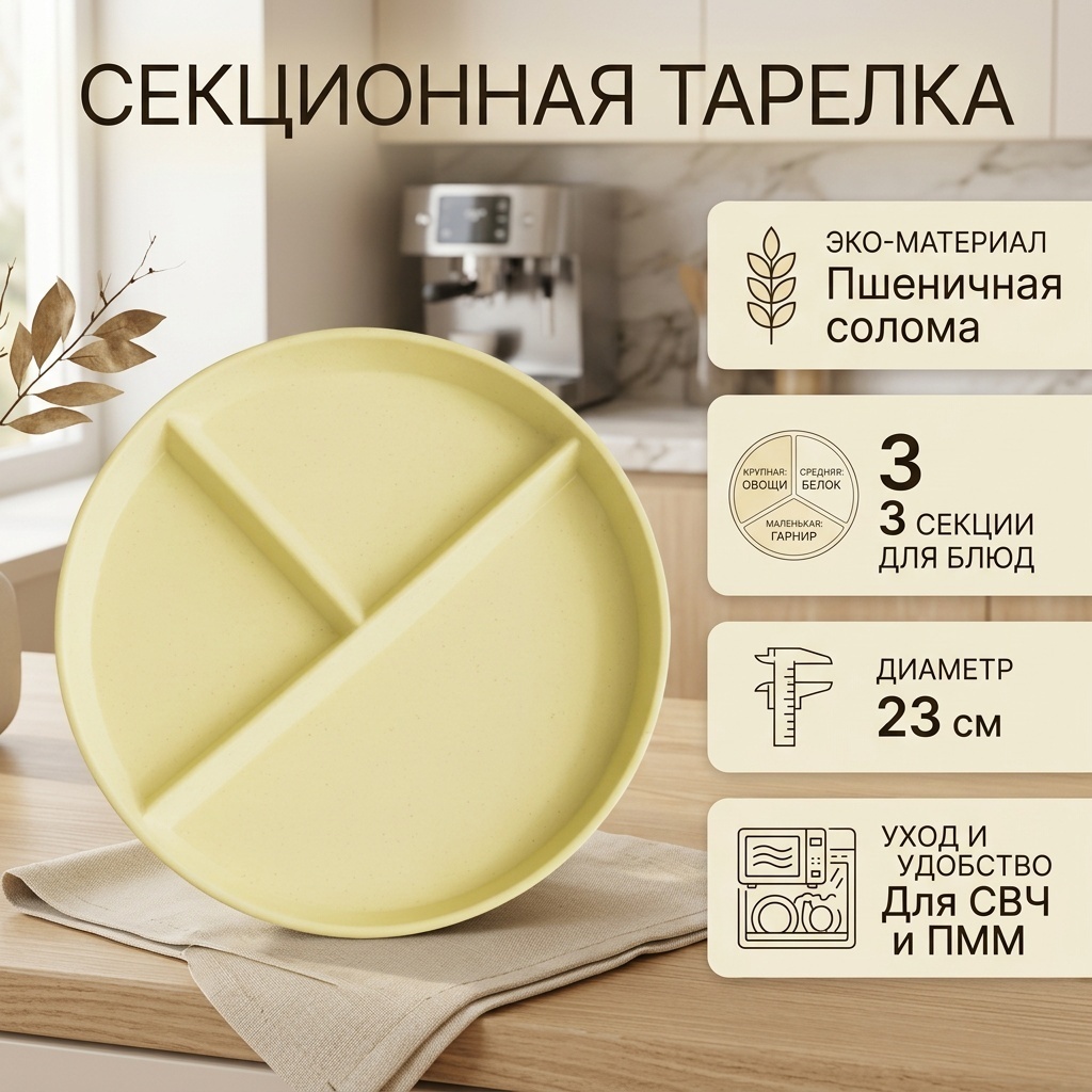 Тарелка с секциями Без бренда 23 см, 1 шт, пшеничная солома