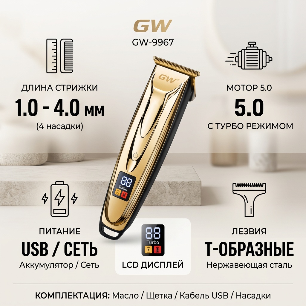 GWD машинка для стрижки GW-9967 золотой