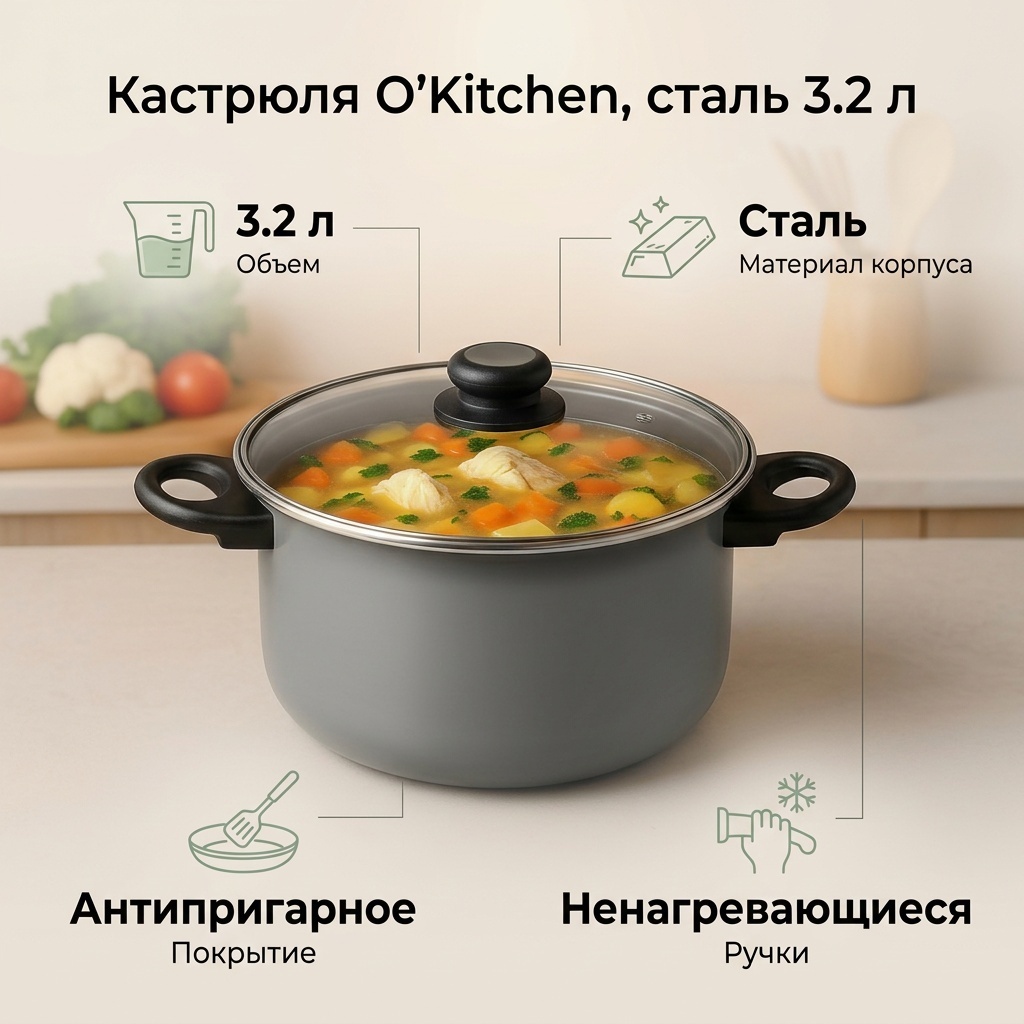 Кастрюля 3.2 л, O’Kitchen сталь