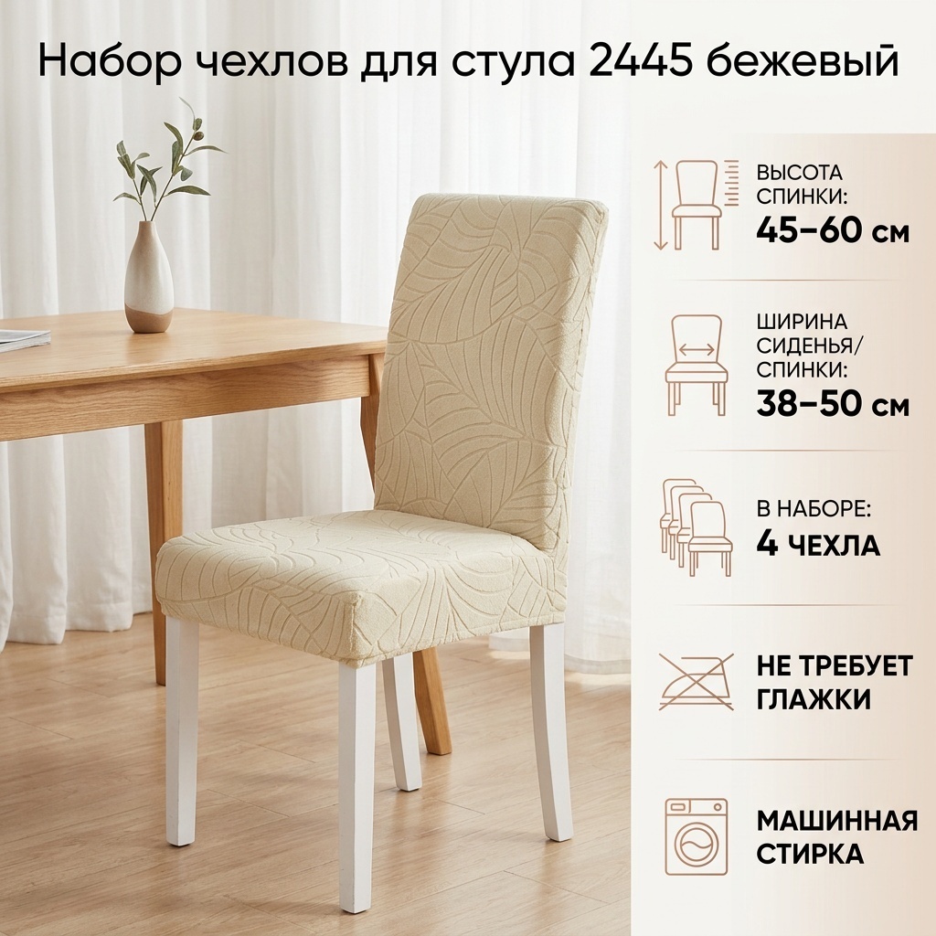 Набор чехлов для стула 2445 бежевый высота спинки: 45-60 см, ширина спинки стула: 38-50 см, ширина сиденья: 38- 50 см