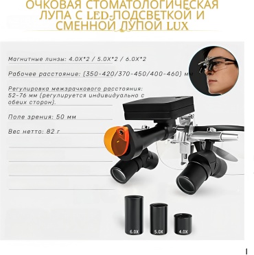 Очковая стоматологическая лупа с LED-подсветкой и сменной лупой LUX LUX01 черный