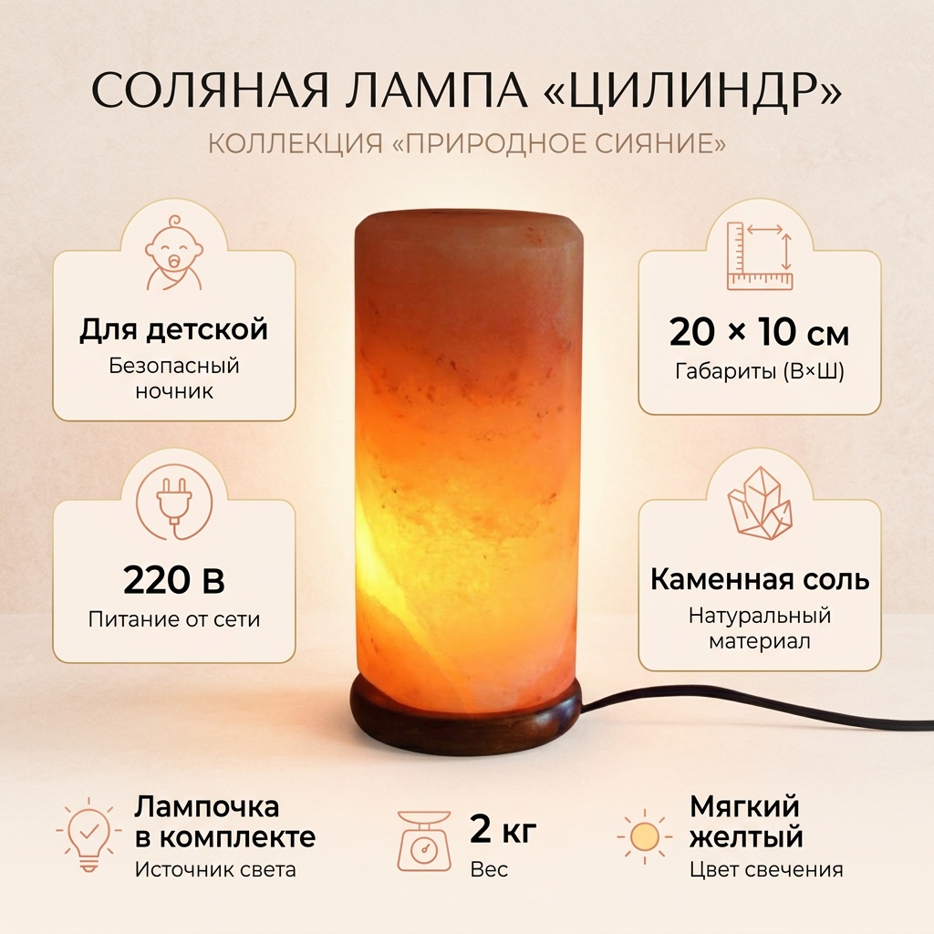 Соляная лампа настольный Модель: Соляная лампа “Цилиндр” Коллекция: Природное сияние, желтый