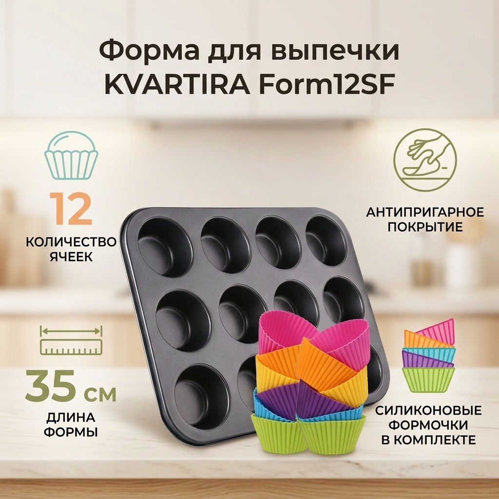 Форма для выпечки, для запекания, для кексов KVARTIRA тефлон, 12 шт