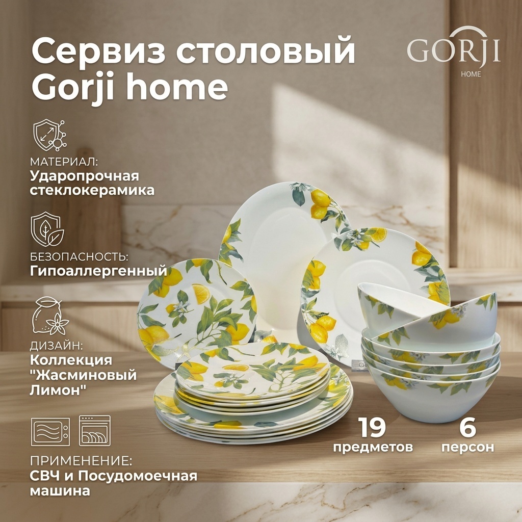 Сервиз на 6 персон Gorji home Jasmine Lemon, предметов: 19, столовый, стеклокерамика
