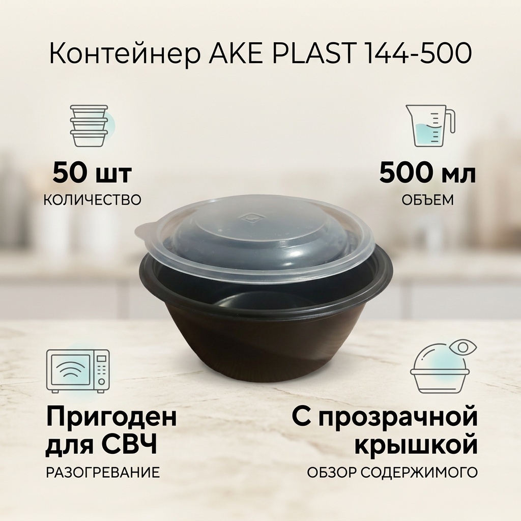 AKE PLAST контейнер 144-500 черный, прозрачный 50 шт