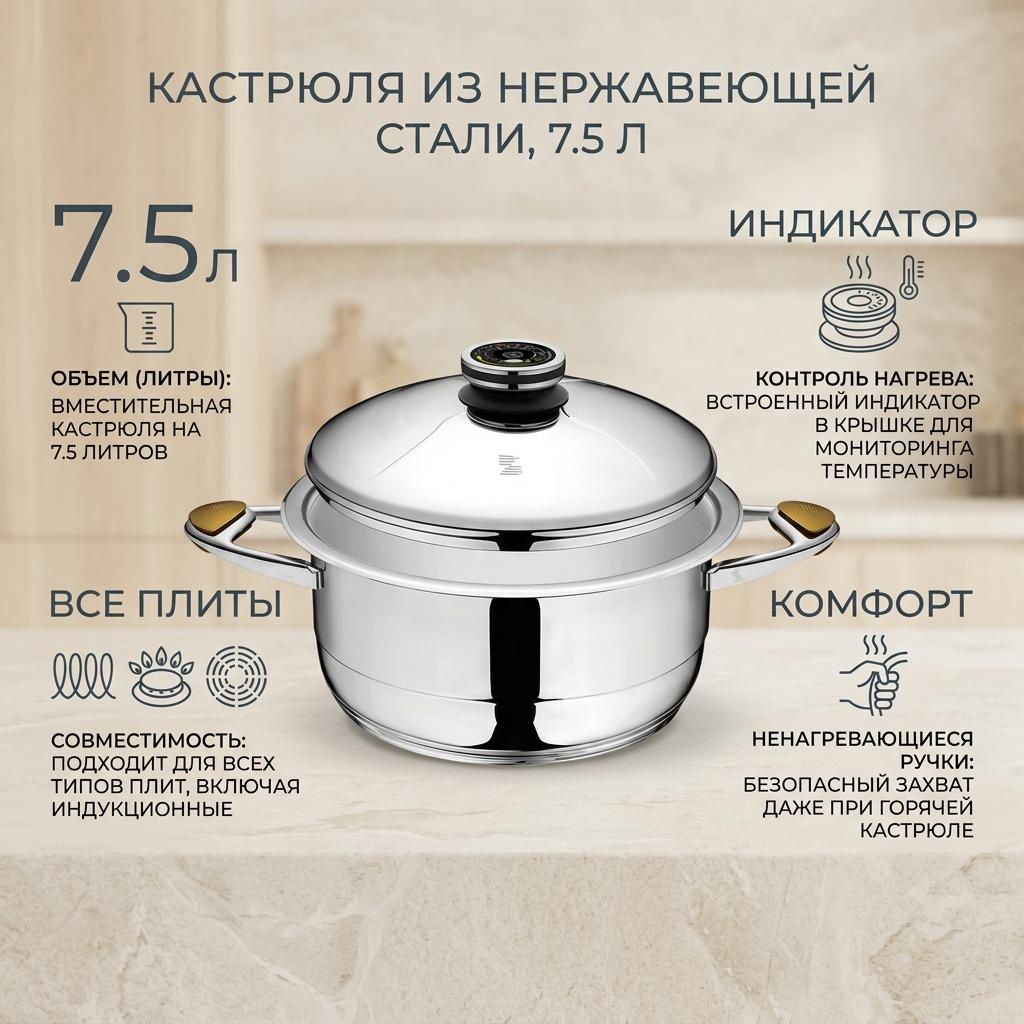 Кастрюля 7.5 л, Zepter Z-2875 нержавеющая сталь