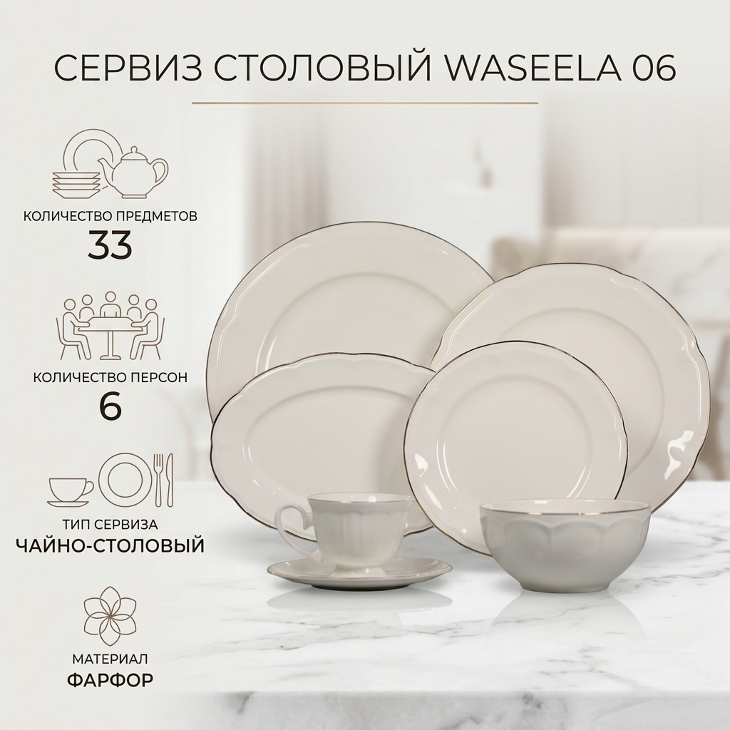 Сервиз на 6 персон WASEELA , предметов: 33, чайно-столовый, фарфор