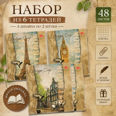 Общая тетрадь Полином Vintaje City 22с20, 48 л, А5, клетка, мягкая обложка, 6 шт