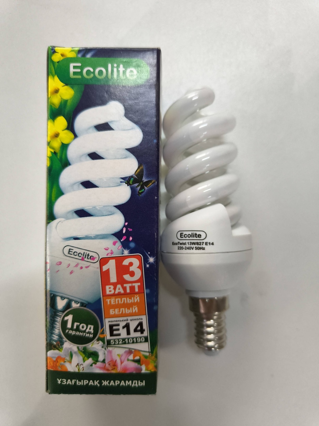 EcoLight 13W E14, люминесцентная, теплый белый