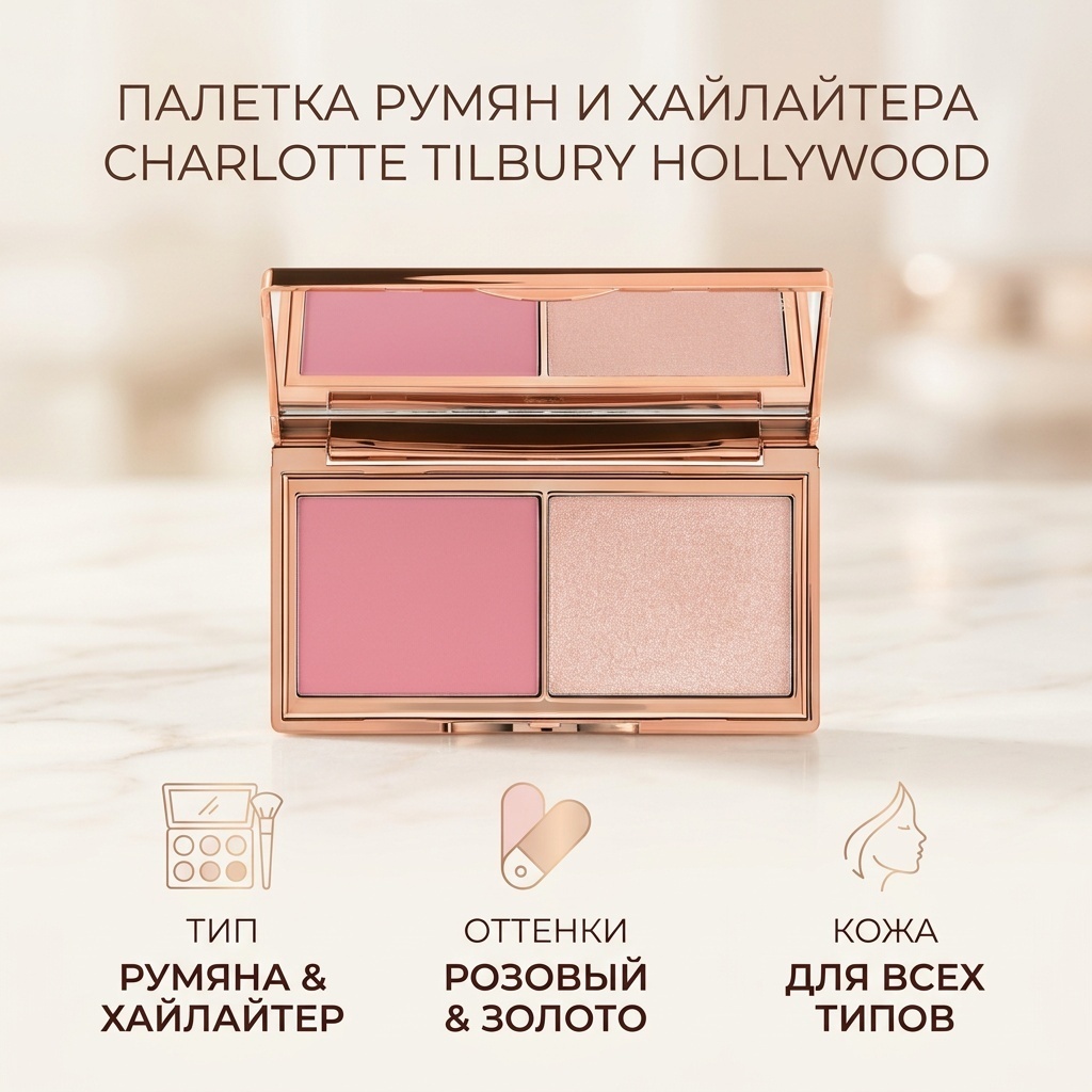 Charlotte Tilbury Hollywood Blush & Glow Palette румяна, хайлайтер Fair/Medium