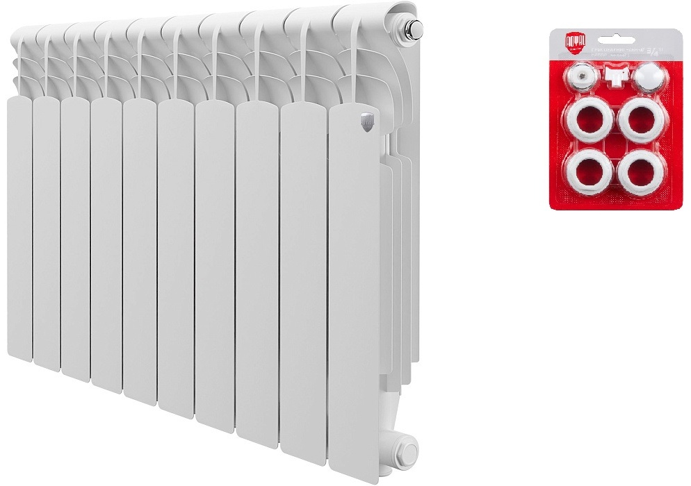 Комплект Радиатор алюминиевый Royal Thermo Revolution 500 - 10 секц. 171 Вт/сек. + Набор присоединительный (3/4) - артикул K0000118100