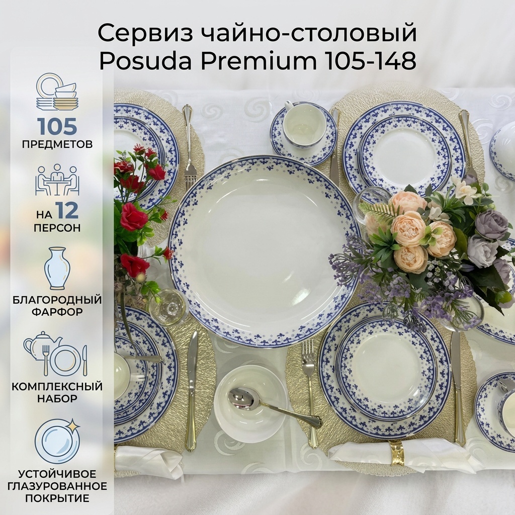 Сервиз на 12 персон Posuda Premium , предметов: 105, чайно-столовый, фарфор