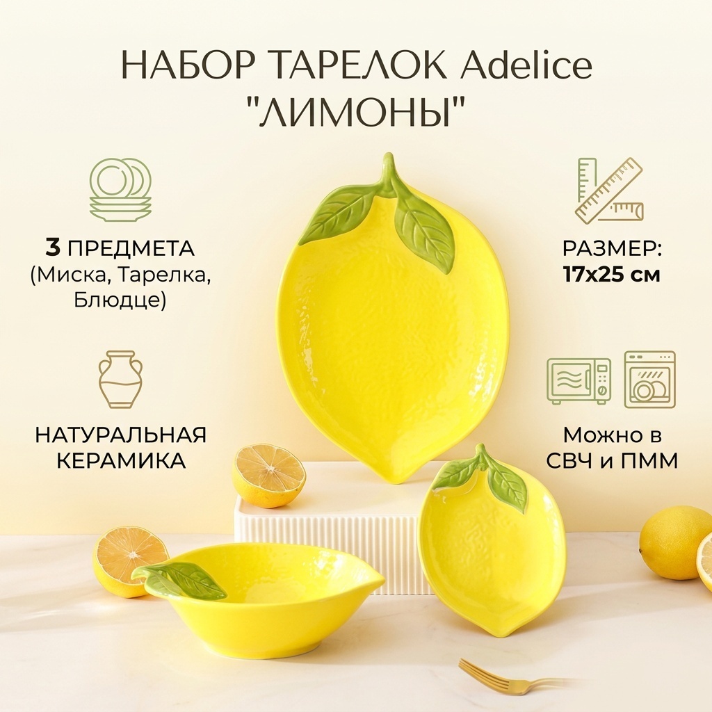 Набор тарелок «Лимоны», 3 шт., керамика