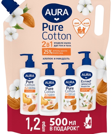 Жидкое мыло туалетное AurA Pure Cotton Миндаль и хлопковое молочко 1200 мл